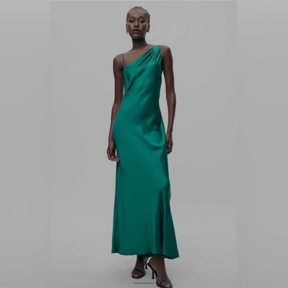 ZARA Emerald Green One-Shoulder Satin Midi Dress – Size L